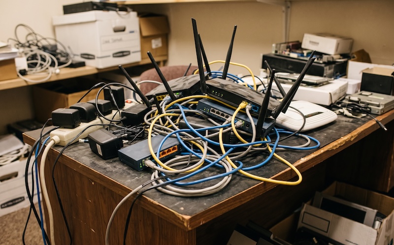 Tangled stack of consumer-grade networking hardware
